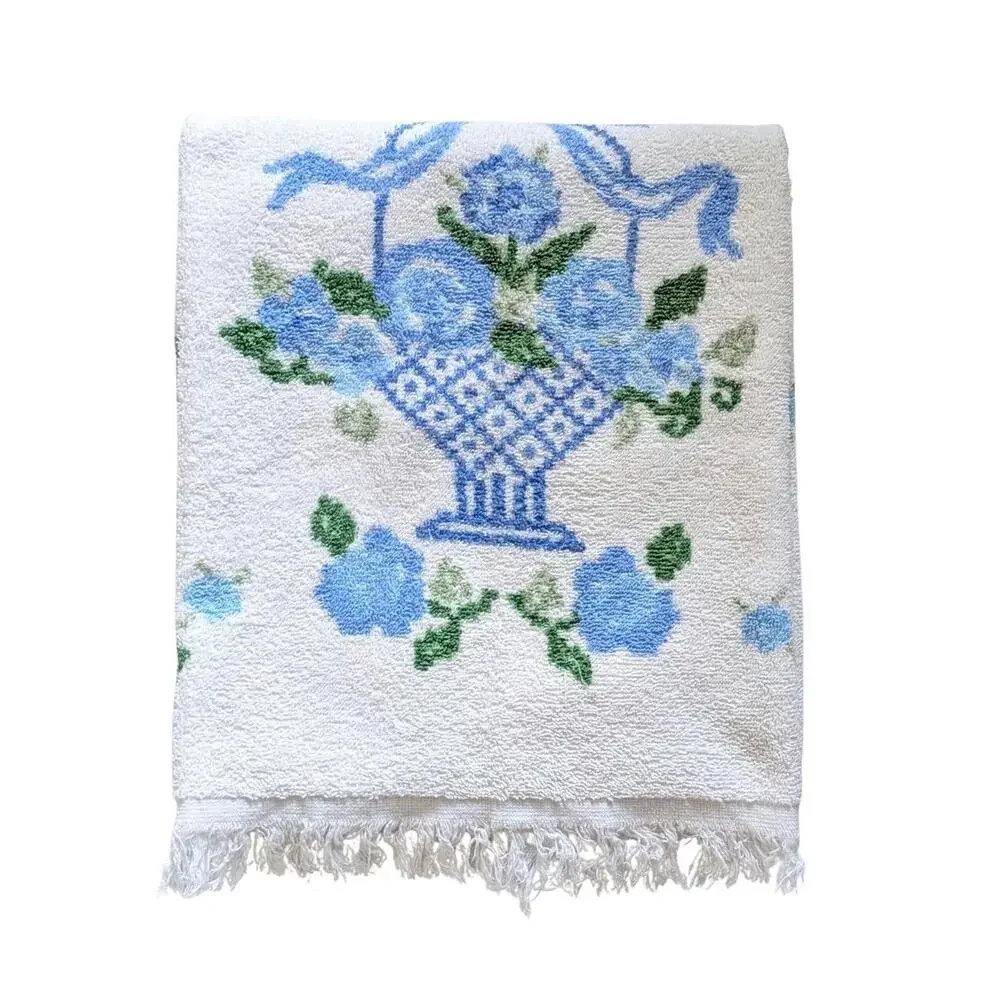 Vintage Cannon Bath Towel with Blue Floral Pattern